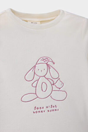 Kız Bebek Pijama Takımı Tavşan Baskılı Uzun Kollu Velur Üst Çizgili  Uzun Alt