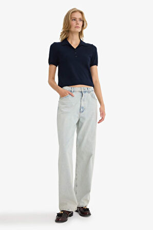 Fitted Polo Yaka Kısa Kollu Triko Kazak