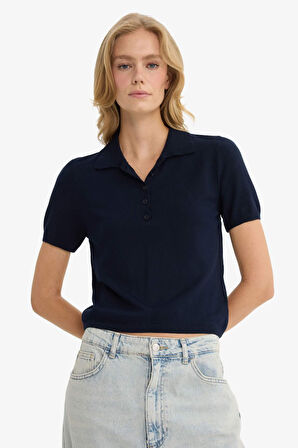 Fitted Polo Yaka Kısa Kollu Triko Kazak