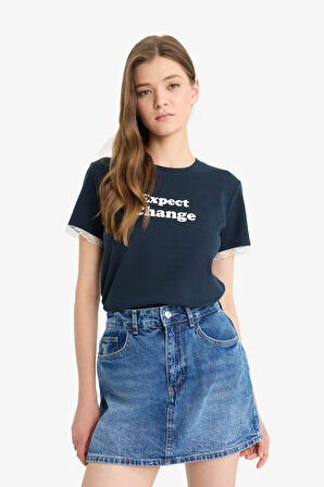 DeFacto Coool Fitted Baskılı Ribana Kısa Kollu Tişört F6149AX25SMNV1