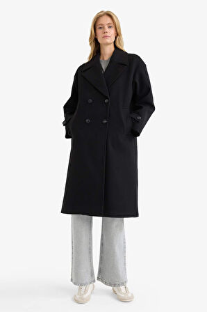 Regular Fit Düğmeli Uzun Kaşe Kaban