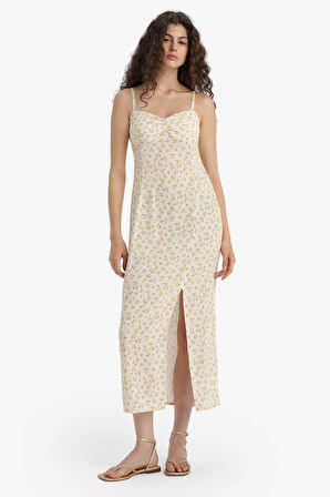 Bodycon Vücudu Saran Kalp Yaka Floral Maroken Askılı Midi Elbise