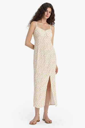 Bodycon Vücudu Saran Kalp Yaka Floral Maroken Askılı Midi Elbise