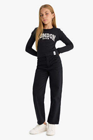 Kız Çocuk Straight Fit Geniş Bol Paça Cepli Pamuklu Okul Pantolonu