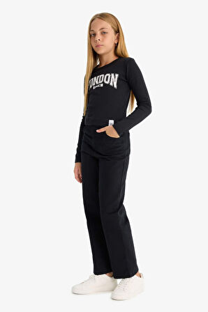 Kız Çocuk Straight Fit Geniş Bol Paça Cepli Pamuklu Okul Pantolonu