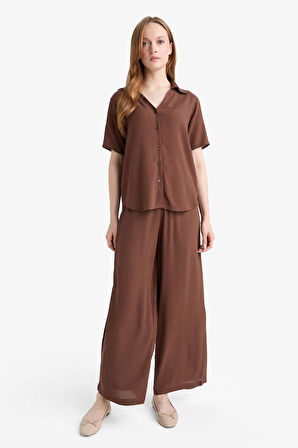 Regular Fit Kaçık Yaka Krinkıl Viskon Kısa Kollu Gömlek