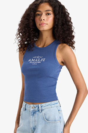 Slim Fit Dar Kesim Baskılı Halter Yaka Fitilli Kaşkorse Atlet