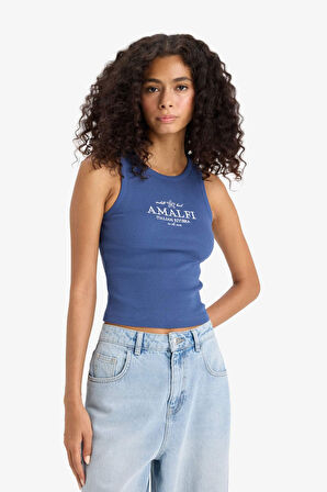 Slim Fit Dar Kesim Baskılı Halter Yaka Fitilli Kaşkorse Atlet