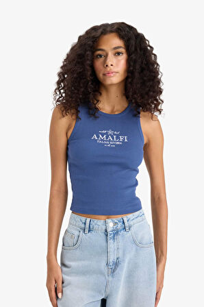 Slim Fit Dar Kesim Baskılı Halter Yaka Fitilli Kaşkorse Atlet