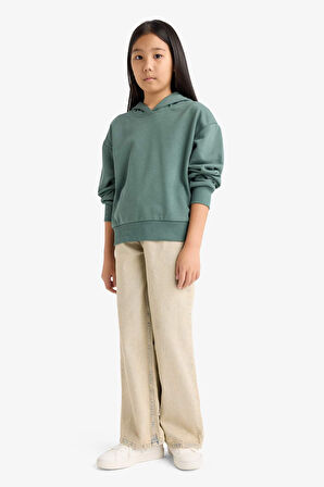 Kız Çocuk Relax Fit Kapüşonlu Basic Düz Sweatshirt