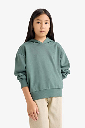 Kız Çocuk Relax Fit Kapüşonlu Basic Düz Sweatshirt