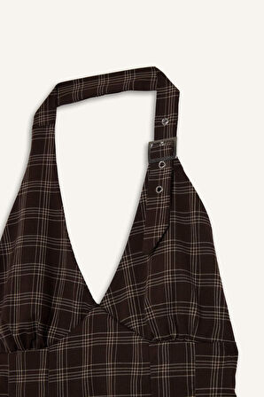 Coool Halter Yaka Kareli Mini Elbise