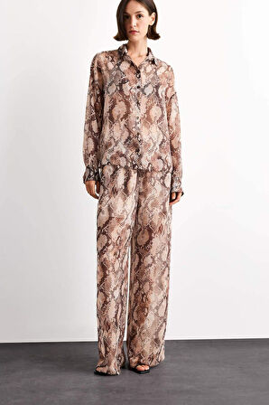 Relax Fit Normal Bel Desenli Düz Paça Şifon Pantolon