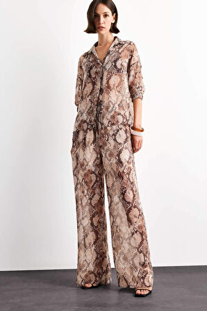 Relax Fit Normal Bel Desenli Düz Paça Şifon Pantolon