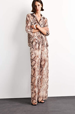 Relax Fit Normal Bel Desenli Düz Paça Şifon Pantolon