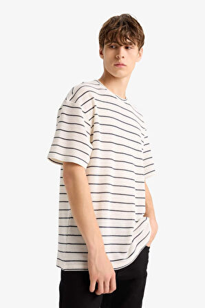 Boxy Fit Bisiklet Yaka Çizgili Kısa Kollu Tişört