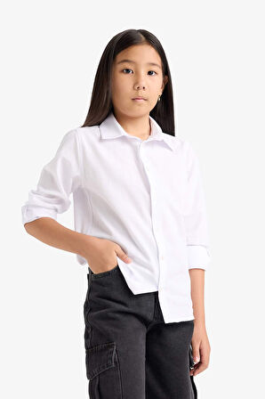 Erkek Çocuk Polo Yaka Poplin Uzun Kollu Gömlek