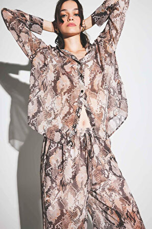 Comfort Fit V Yaka Desenli Şifon Uzun Kollu Gömlek