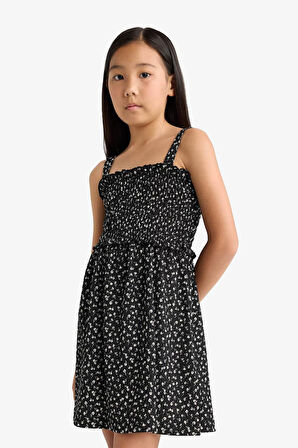 Kız Çocuk Çiçek Desenli Askılı Elbise