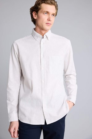 DeFacto Regular Fıt Polo Yaka Keten Karışımlı Uzun Kollu Gömlek F9322AX26SPGR368