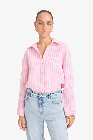 Oversize Geniş Kalıp Gömlek Yaka Çizgili Modal Uzun Kollu Gömlek