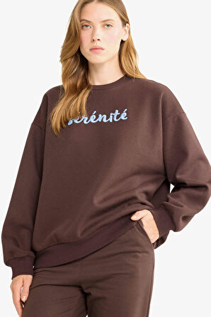 Oversize Geniş Kalıp Bisiklet Yaka Baskılı Sweatshirt