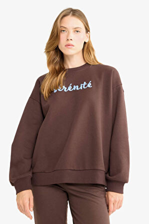 Oversize Geniş Kalıp Bisiklet Yaka Baskılı Sweatshirt