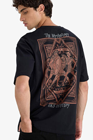 Boxy Fit Bisiklet Yaka Sırt Baskılı Kısa Kollu Tişört 