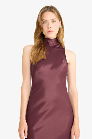 Regular Fit Saten Kolsuz Maxi Elbise