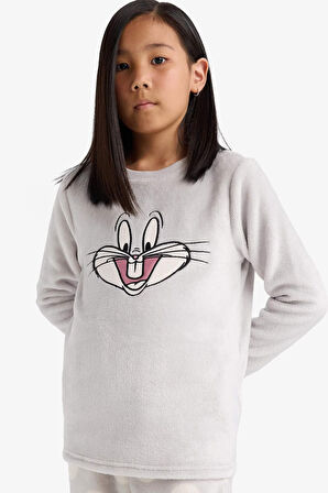 Kız Çocuk Looney Tunes Pijama Takımı Nakışlı Pelüş Uzun Kollu Üst Uzun Alt