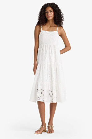 Kare Yaka Terry Cotton Beyaz Askılı Midi Elbise