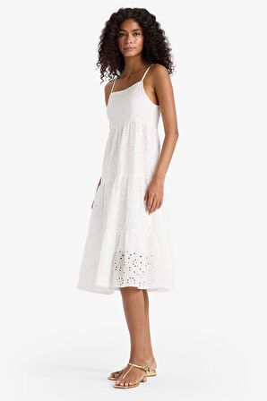 Kare Yaka Terry Cotton Beyaz Askılı Midi Elbise