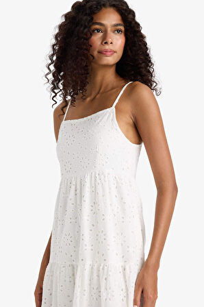 Kare Yaka Terry Cotton Beyaz Askılı Midi Elbise