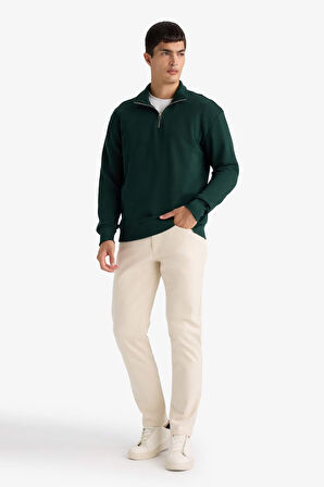 Regular Fit Dik Yaka Yarım Fermuarlı İçi Yumuşak Tüylü Basic Düz Sweatshirt