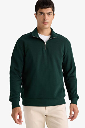 Regular Fit Dik Yaka Yarım Fermuarlı İçi Yumuşak Tüylü Basic Düz Sweatshirt