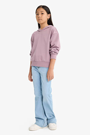 Kız Çocuk Relax Fit Kapüşonlu Basic Düz Sweatshirt