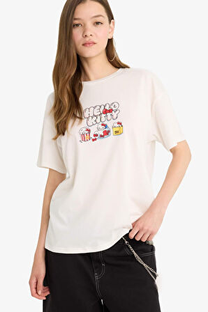 Coool Hello Kitty Oversize Geniş Kalıp Bisiklet Yaka Sırt Baskılı Kısa Kollu Tişört