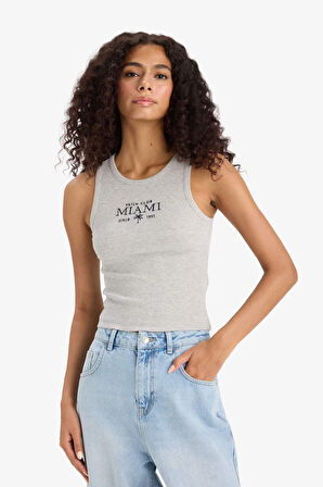 Slim Fit Dar Kesim Slogan Baskılı Halter Yaka Fitilli Kaşkorse Atlet