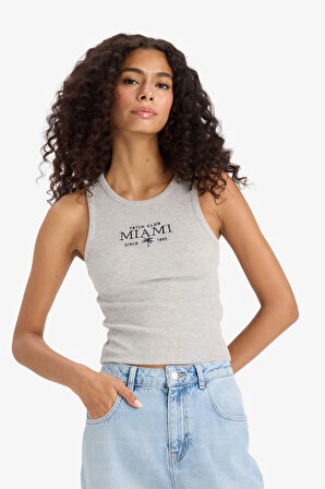 Slim Fit Dar Kesim Slogan Baskılı Halter Yaka Fitilli Kaşkorse Atlet