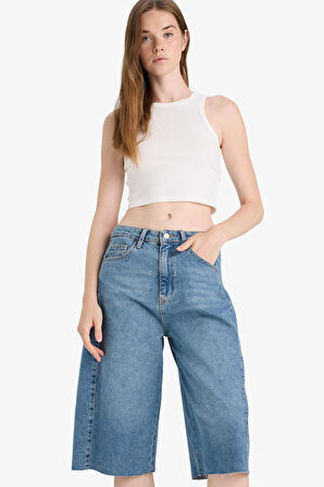 Yüksek Bel Jean Bermuda Şort 