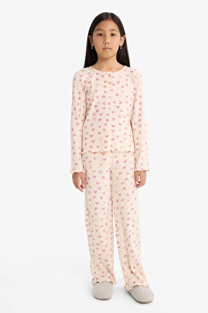 Kız Çocuk Pijama Takımı Fitilli Kaşkorse Kalp Desenli Uzun Kollu Üst Uzun Alt