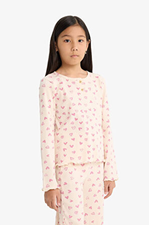 Kız Çocuk Pijama Takımı Fitilli Kaşkorse Kalp Desenli Uzun Kollu Üst Uzun Alt
