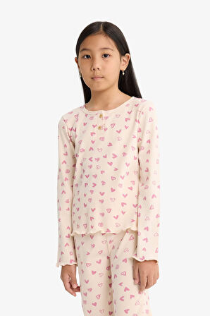 Kız Çocuk Pijama Takımı Fitilli Kaşkorse Kalp Desenli Uzun Kollu Üst Uzun Alt