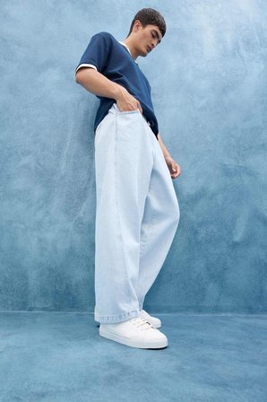 DeFacto %100 Pamuk Barrel Fit Beli Bağcıklı Lastikli Geniş Paça Jean Yıkamalı Pantolon F8345AX25AUNM63