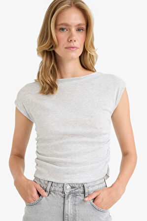 Slim Fit Dar Kesim Kayık Yaka Ribana Büzgülü Bluz