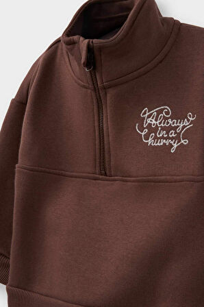 Erkek Bebek 2'li Takım Baskılı Yarım Fermuarlı Sweatshirt Eşofman Altı