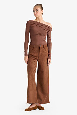 Straight Fit Fermuarlı Yüksek Bel Standart Boy Süet Pantolon