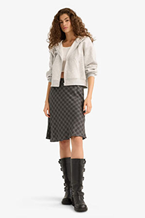 A Form Kareli Yüksek Bel Viskon Midi Etek