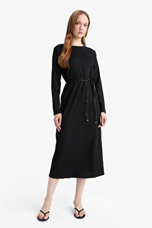 Regular Fit Penye Uzun Kollu Midi Elbise