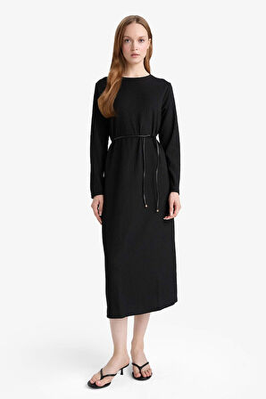 Regular Fit Penye Uzun Kollu Midi Elbise